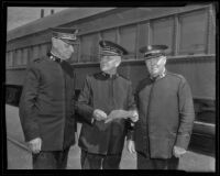 Commander Benjamin Orames, General Edward J. Higgins and Colonel Arthur Daniel Jackson of the Salvation Army arrive in Los Angeles, Los Angeles, 1936