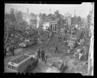 Emergency services on scene at O'Connor Electro-Plating explosion in Los Angeles, Calif., 1947