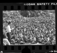 Governor Jerry Brown speaking before crowd at re-election rally on UCLA campus, 1978