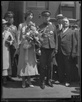 Prince and Princess Kaya of Japan with Senichi Kushibuchi and Mayor Frank Shaw upon their arrival at the La Grande Station, Los Angeles, 1934