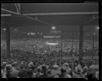 Center shot of a panoramic trio of photographs of Wrigley Field during a boxing match, Los Angeles, 1936
