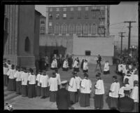 Clergymen gather for dean William MacCormack's funeral at St. Paul Cathedral, Los Angeles, 1926