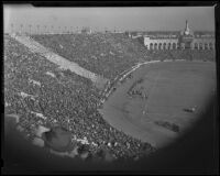 Partial image of the crowd during Notre Dame vs. USC game at Coliseum, Los Angeles, 1938