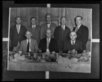 Henry Johnson, Paul McCormick, Carl Weygandt, William Waste, George Nilsson, John White Preston, William H. Langdon, and Ira F. Thompson attend a fraternity luncheon, Los Angeles County, 1935