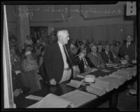 Assemblyman Frank W. Wright speaking at a Los Angeles County budget hearing, Los Angeles, 1935