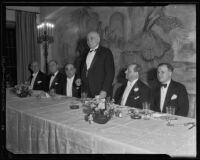 Governor Frank Merriam speaking at the farewell banquet of Harry L. Harper at the Ambassador Hotel, Los Angeles, 1935