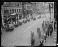 Motor cycle squad leading the Loyalty Day Parade inaugurating Boys' Week, Los Angeles, 1926