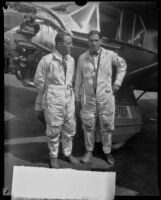 Aviators George Haldeman and Shirley Short at Mines Field after their transcontinental race, Los Angeles, 1928