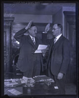 Judge Charles S. Burnell swearing in Judge Marshall F. McComb, Los Angeles, 1927