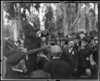 Governor Frank O. Lowden speaks at the annual Iowa picnic in Lincoln Park, Los Angeles, 1921