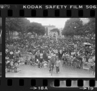 Political demonstration led by coalition of labor, religious and civil rights groups in front of Los Angeles City Hall, 1985