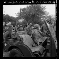 National guardsmen organizing men to handle student disruption at Isla Vista near U.C. Santa Barbara, 1970