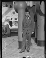 Yasuharu Matsudaira arrives by ship in San Pedro Harbor for a visit to Southern California for three months, Los Angeles, 1930