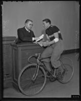 Judge Newcomb Condee admonishes bicycle rider Eddie Testa, Los Angeles, 1935