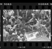 Crowd greeting Magic Johnson at Lakers NBA championship rally in Los Angeles, Calif., 1980