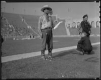 Leo Carrillo on the field at the Coliseum for a tribute to the Elks, Los Angeles, 1936