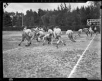 Stanford football team runs through a drill, Pasadena, circa 1934