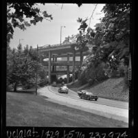 Automobiles passing through the Four Level Interchange in downtown Los Angeles, 1966