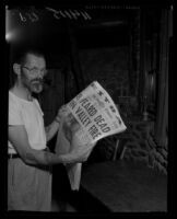 Brother Martin looks over story of tragedy while he tells of seeing Krishna Venta talking with man suspected of being the bomber of Fountain of the World, 1958