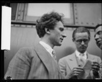 Composer, arranger and pianist Percy Grainger arriving in Los Angeles for a concert and his wedding, Los Angeles, 1928