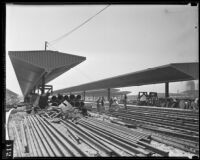 Workers lay tracks at new Union Station terminal, Los Angeles, 1938