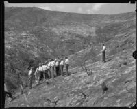 Officials or family members visit a burned out area of Griffith Park where workers died, Los Angeles, 1932