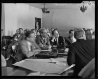 Harold Wolcott and attorney Archie Orme at a hearing, Pasadena, 1933