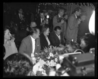 Nina Khrushchev chats with film stars Bob Hope and Frank Sinatra during visit to Los Angeles, Calif., 1959