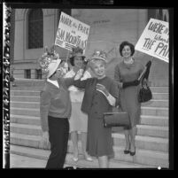 Four women demonstrating at Los Angeles City Hall in favor of Santa Monica Mountain park site., 1965