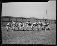 Bruins varsity line charges at Spaulding Field at U.C.L.A., Los Angeles, 1932