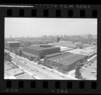 Aerial view Bullock's store, Great Western Savings and Broadway store in Century City, Los Angeles, 1984