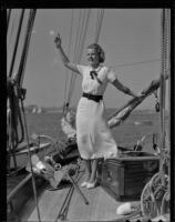 Jane McReavy receives a speical honor for opening ceremonies, Newport Beach, 1936