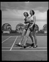 Marilyn Langworthy and Barbara Mayfield after a game of badminton, Palm Springs, 1936