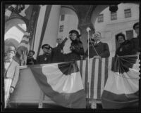 Salvation Army General Evangeline Booth, Mayor Frank Shaw at podium in front of City Hall, Los Angeles, 1935