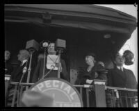 President Herbert Hoover giving a talk from the platform of a train, El Monte, 1932