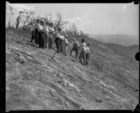 Officials or family members visit a burned out area of Griffith Park where workers died, Los Angeles, 1932