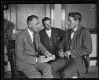 District Attorney Buron Fitts and Detective Lieutenant Ed King question Harry W. Gibboney, Los Angeles, 1925