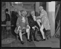 Judge Samuel R. Blake with Attorneys A. G. Ritter, Byron Hanna, and Norman Bailie fixing their wigs before the Los Angeles Bar Association’s historical pageant, Los Angeles 1935