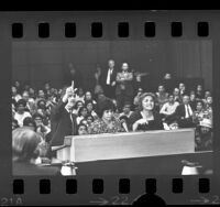 Parents of Chicano students speaking at Los Angeles School Board Meeting, 1970