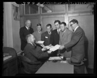 Six Republican candidates filing papers to registrar for run at U.S. Congress in Los Angeles, Calif., 1946