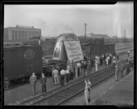 Giant 200-inch telescope lens arrives from New York to San Bernardino, 1936