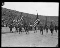 Soldiers hold allied flags in Memorial Day parade, Los Angeles, 1926