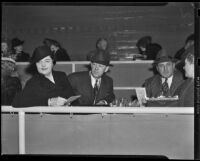 Horse race spectators in a box seating area at Santa Anita Park, Arcadia, 1938 or 1939