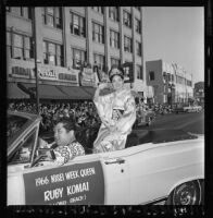 Nisei Festival Week Queen rides in parade through Little Tokyo, Los Angeles 1966, 1966