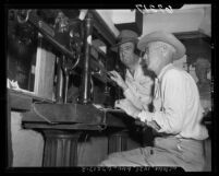 Two men working the scales at Los Angeles Union Stock Yards, 1950