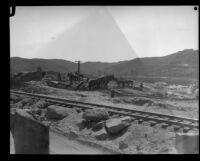 Teams of horses and workers engaged in reconstruction following the failure of the Saint Francis Dam and resulting flood, Santa Clara River Valley (Calif.), 1928