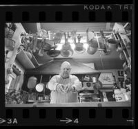 James Beard, chef and food writer in a kitchen, 1968