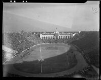 Marching band on the field at the Los Angeles Memorial Coliseum, Los Angeles, 1938