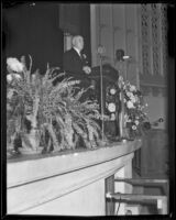 Governor James Rolph speaking at podium, Los Angeles, between 920-1939 ...