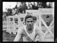 Dray Williams, Pomona College hurdler, poses at Patterson Field during a track meet, Los Angeles, 1932